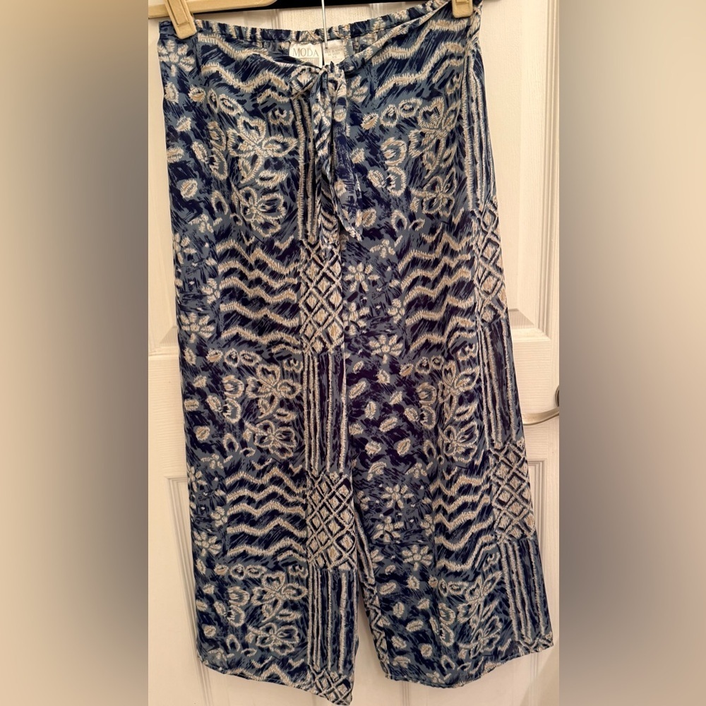 Moda International Blue and Tan Patterned Wide Leg Pants